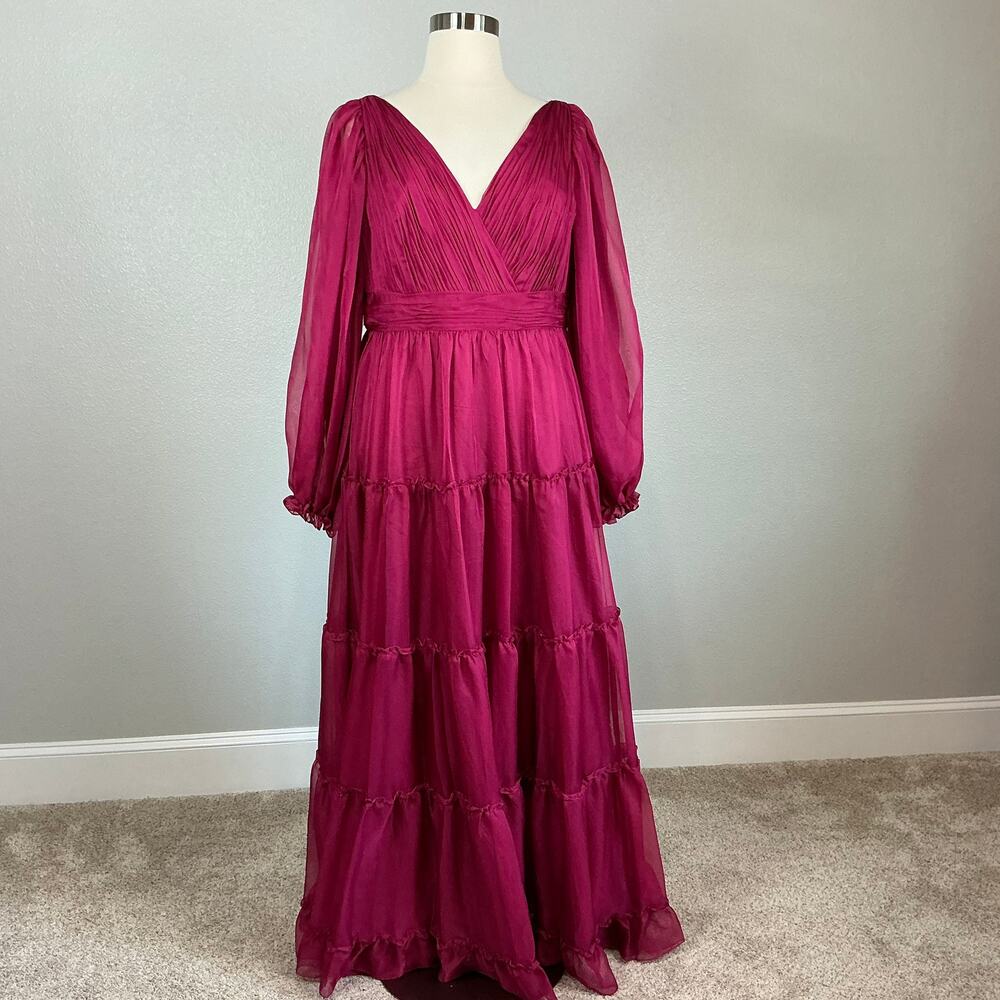 Mac Duggal 68198 Pink Evening Gown Long Sleeve Ruffle Chiffon Maxi Dress Size 16 - Picture 2 of 12